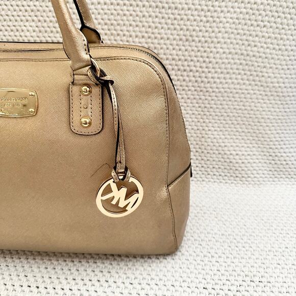 Michael Kors Cindy Gold Metallic Saffiano Leather Dome Shaped Top Handle Satchel - Picture 4 of 13